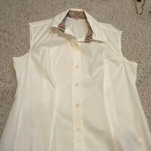 Burberry London Button Up Down Sleeveless Top Women Logo Size Large Stretch Wht